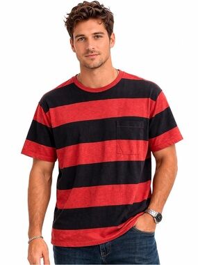 J.Crew Red Black Stripe Pocket Tee Shirt Garment Dyed Cotton Size XL